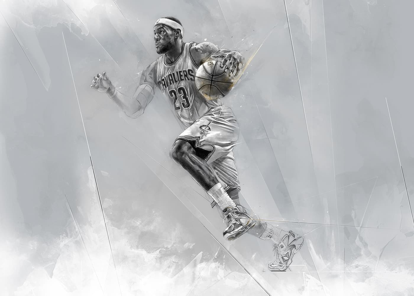 LeBron James in a Cleveland Cavaliers uniform, holding a basketball mid-stride in a monochromatic illustration with abstract textures and fine geometric lines.