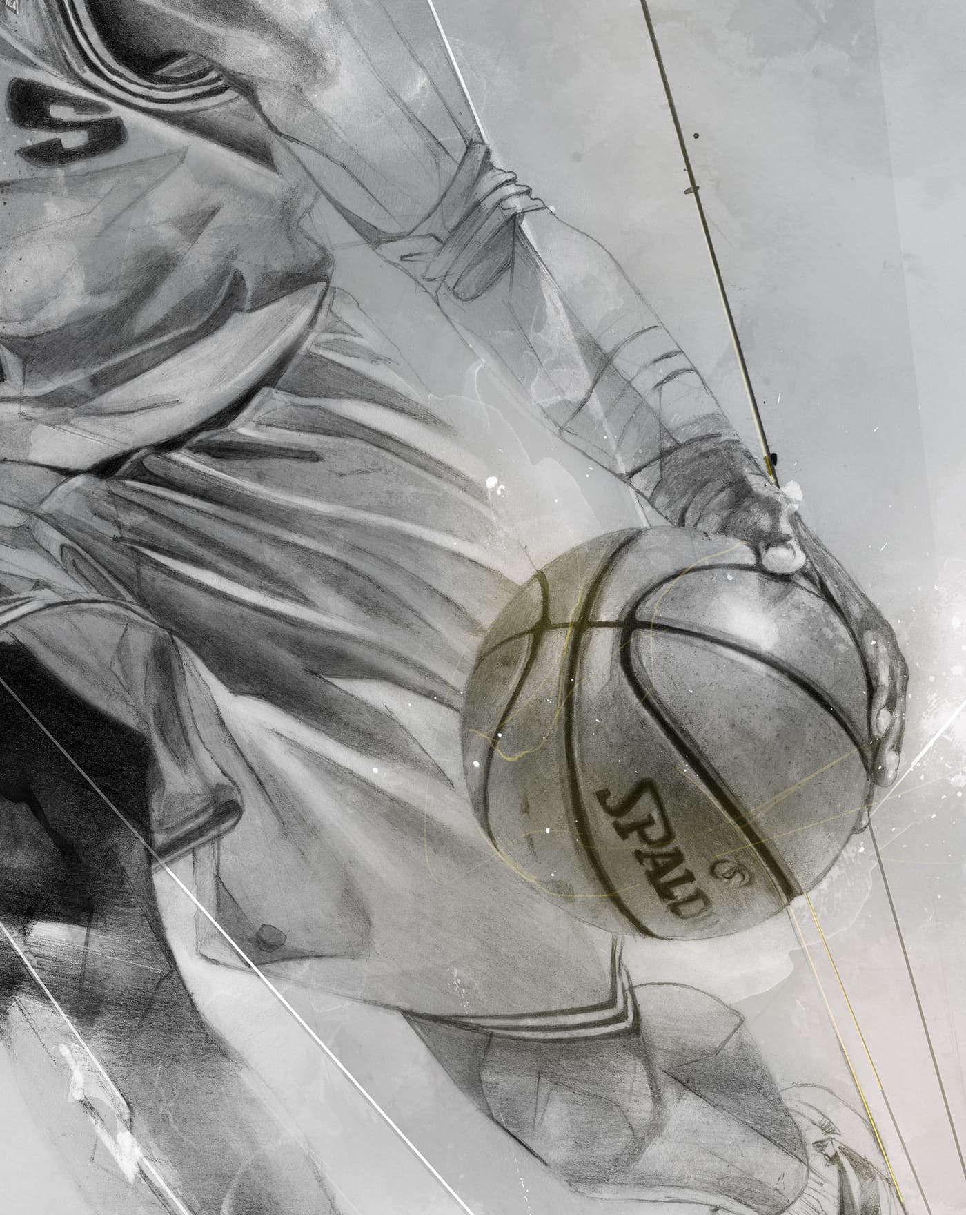 It's Kyrie Irving. Close-up of a monochromatic illustration of Kyrie Irving, showing his hand gripping a Spalding basketball, with detailed pencil shading, abstract textures and fine geometric lines.