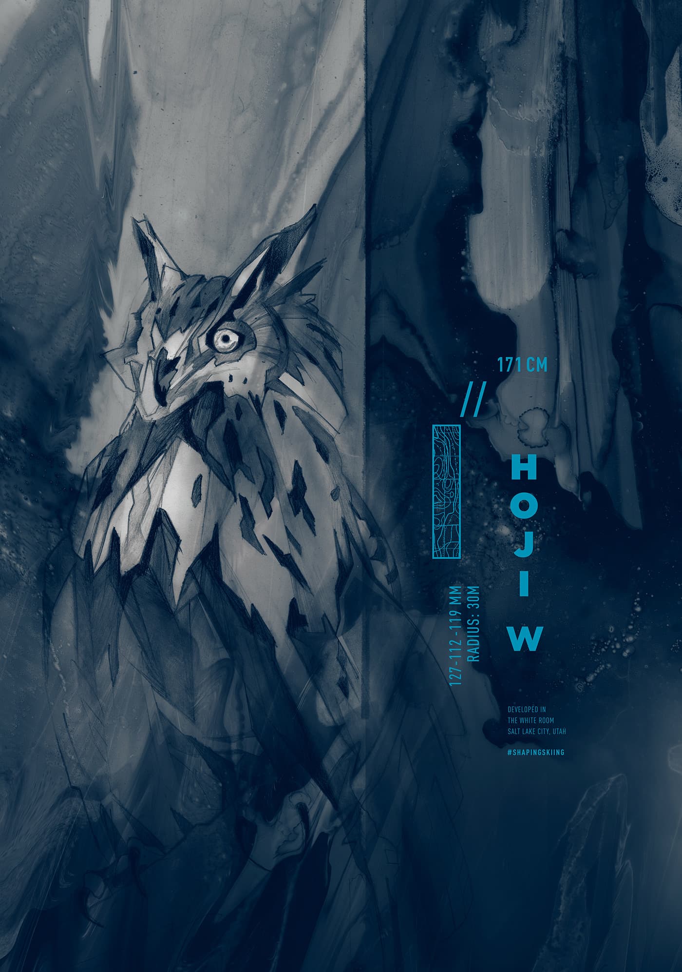 4FRNT Hoji W ski graphic detail with owl illustration, dark ink texture and blue product typography.