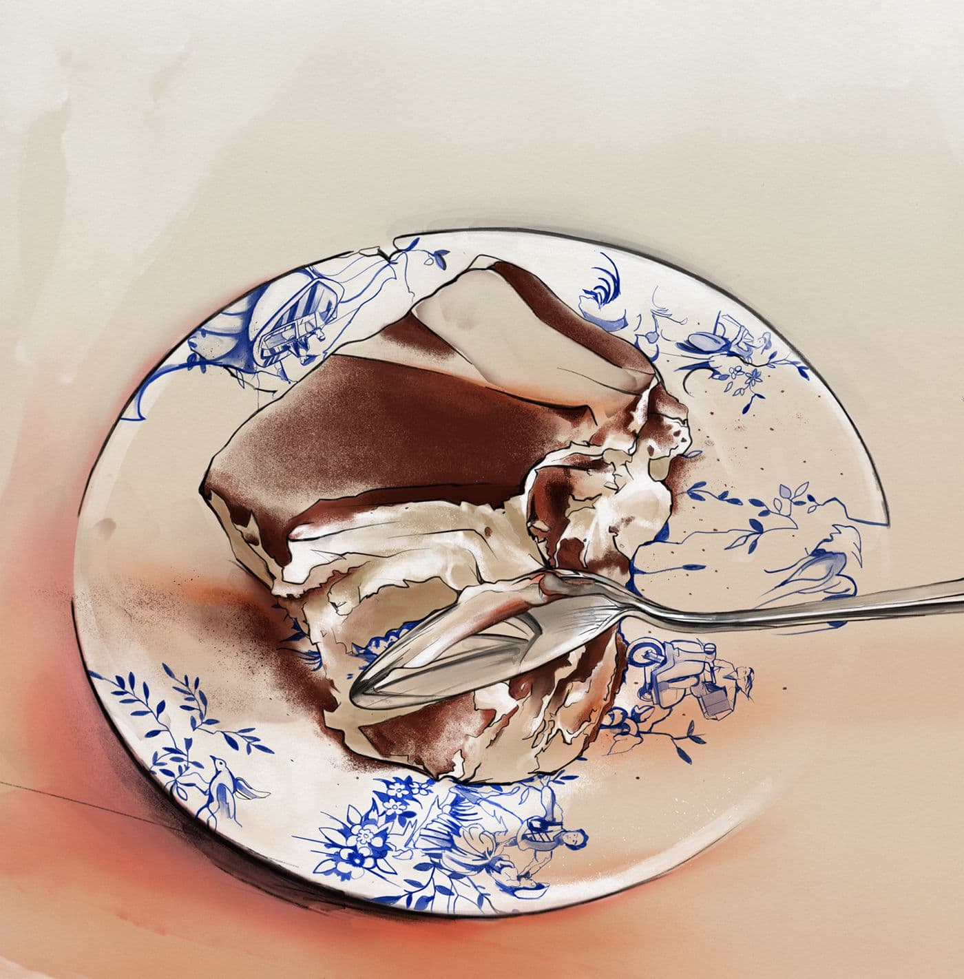 Half-eaten tiramisu on a porcelain plate