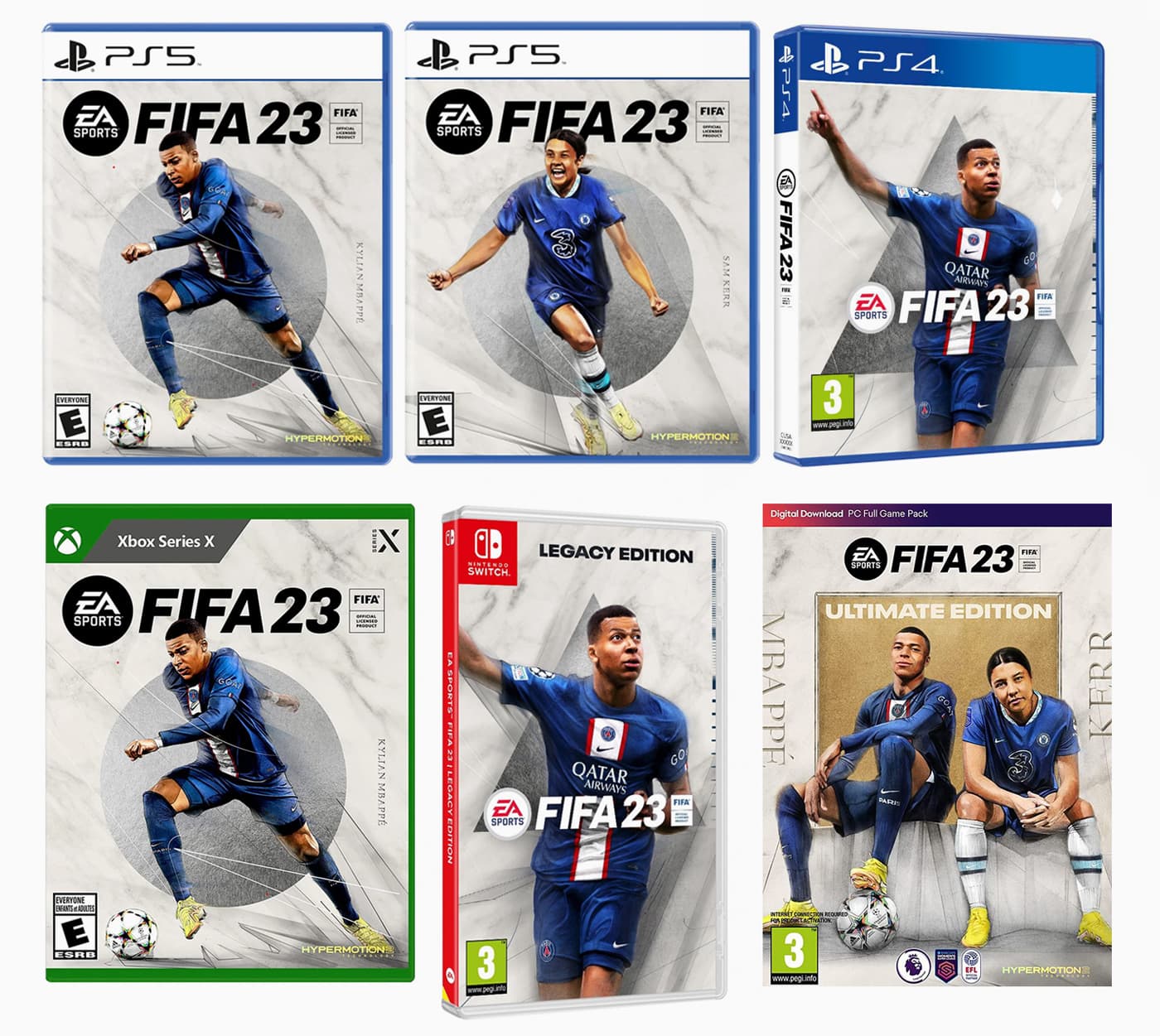 Full range of FIFA 23 physical and digital cover artwork across console editions, featuring Kylian Mbappé and Sam Kerr.