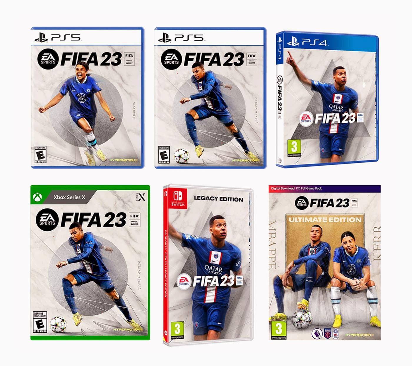 Full range of FIFA 23 physical and digital cover artwork across console editions, featuring Kylian Mbappé and Sam Kerr.