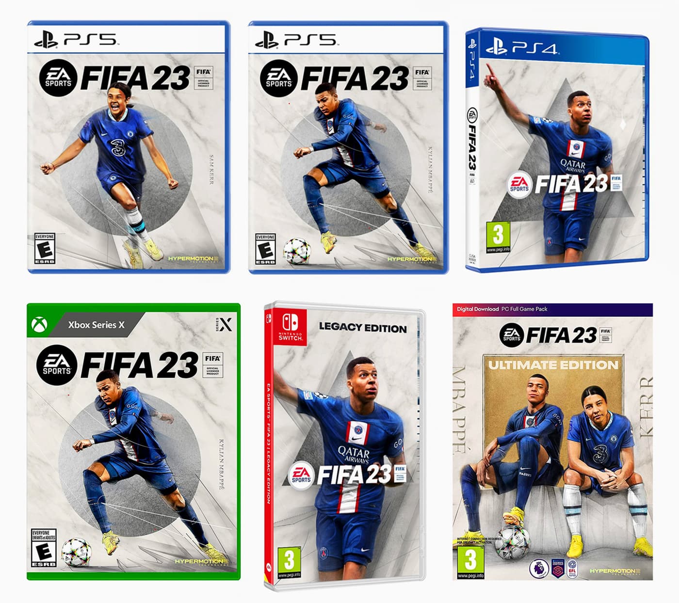 Full range of FIFA 23 physical and digital cover artwork across console editions, featuring Kylian Mbappé and Sam Kerr.