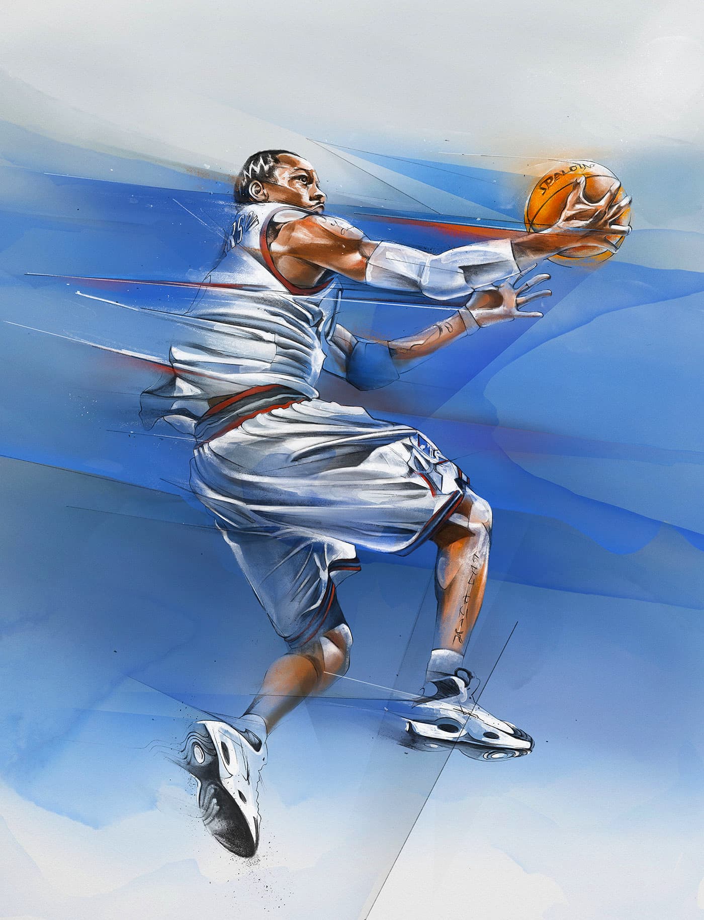 Allen Iverson basketball illustration in a white Philadelphia 76ers uniform against blue motion graphics.