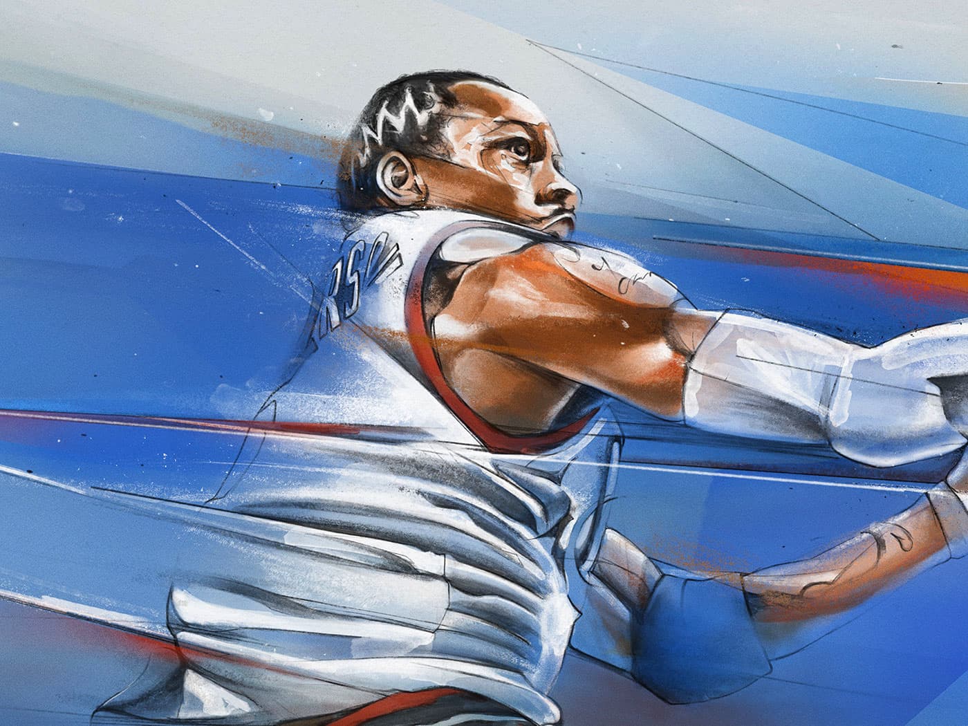 Close crop of Allen Iverson illustration with blue motion graphics and white Philadelphia 76ers jersey detail.