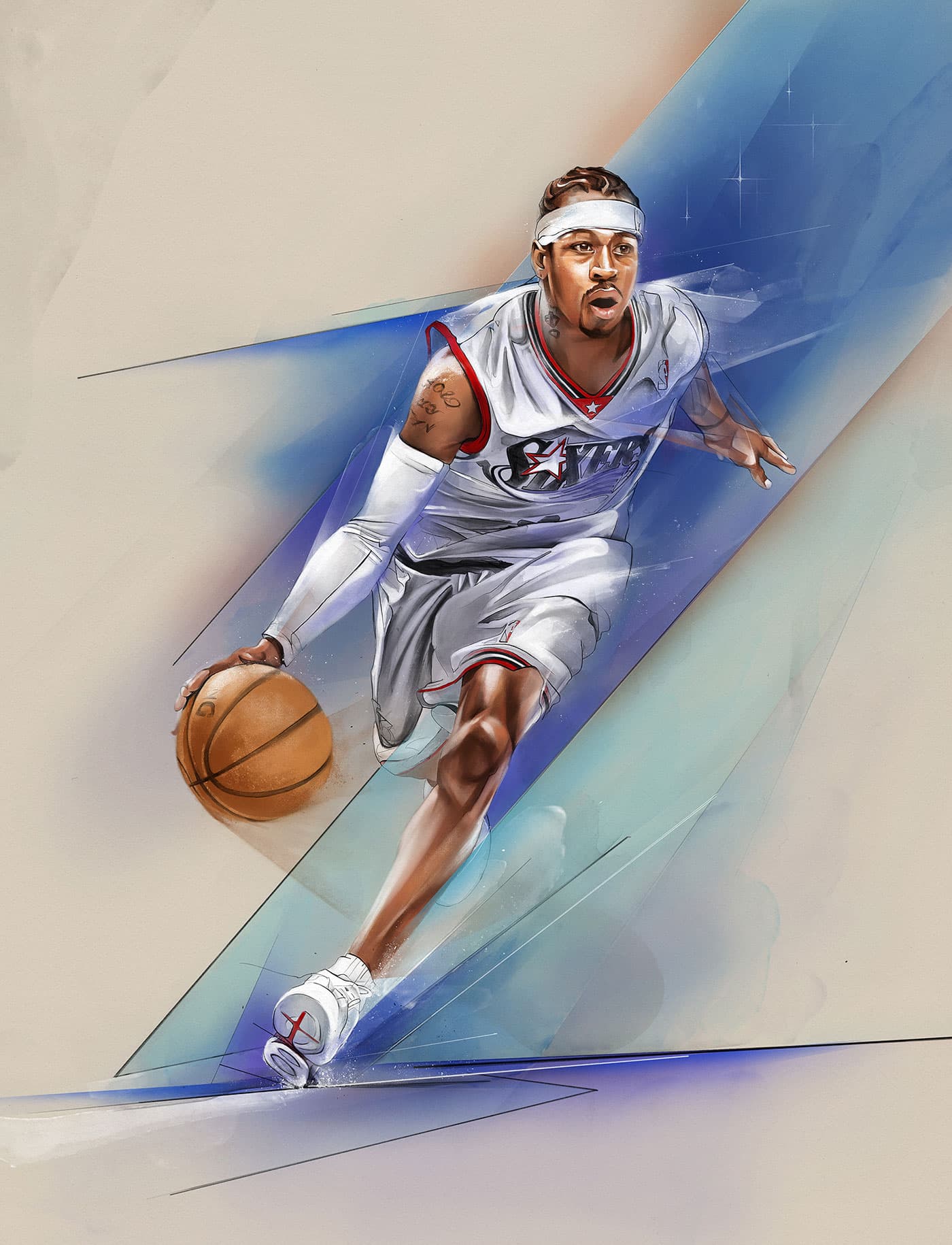 Allen Iverson dribbling illustration in a white Philadelphia 76ers uniform with blue geometric background shapes.