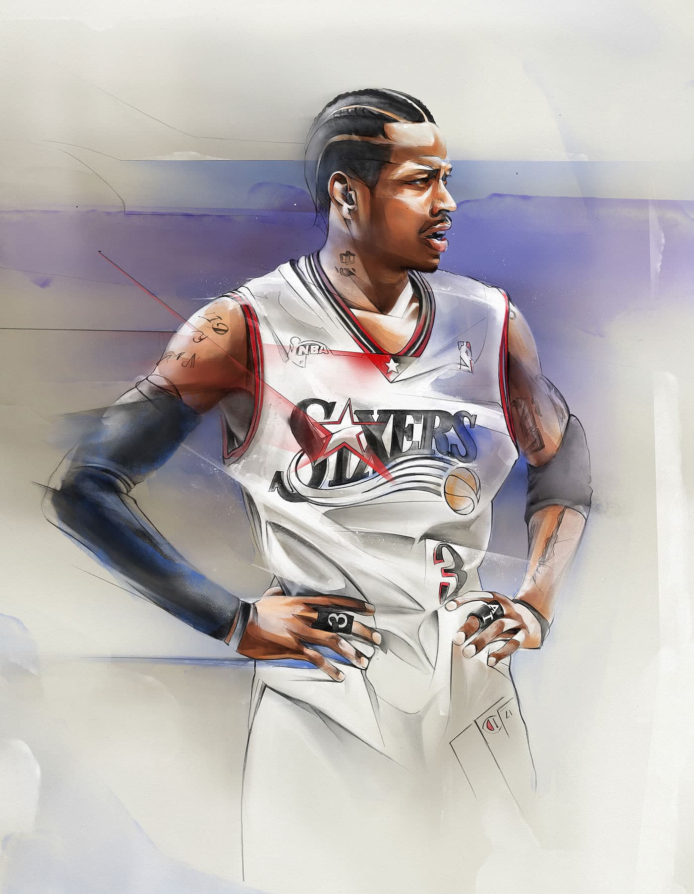 Allen Iverson portrait illustration in a white Philadelphia 76ers uniform.