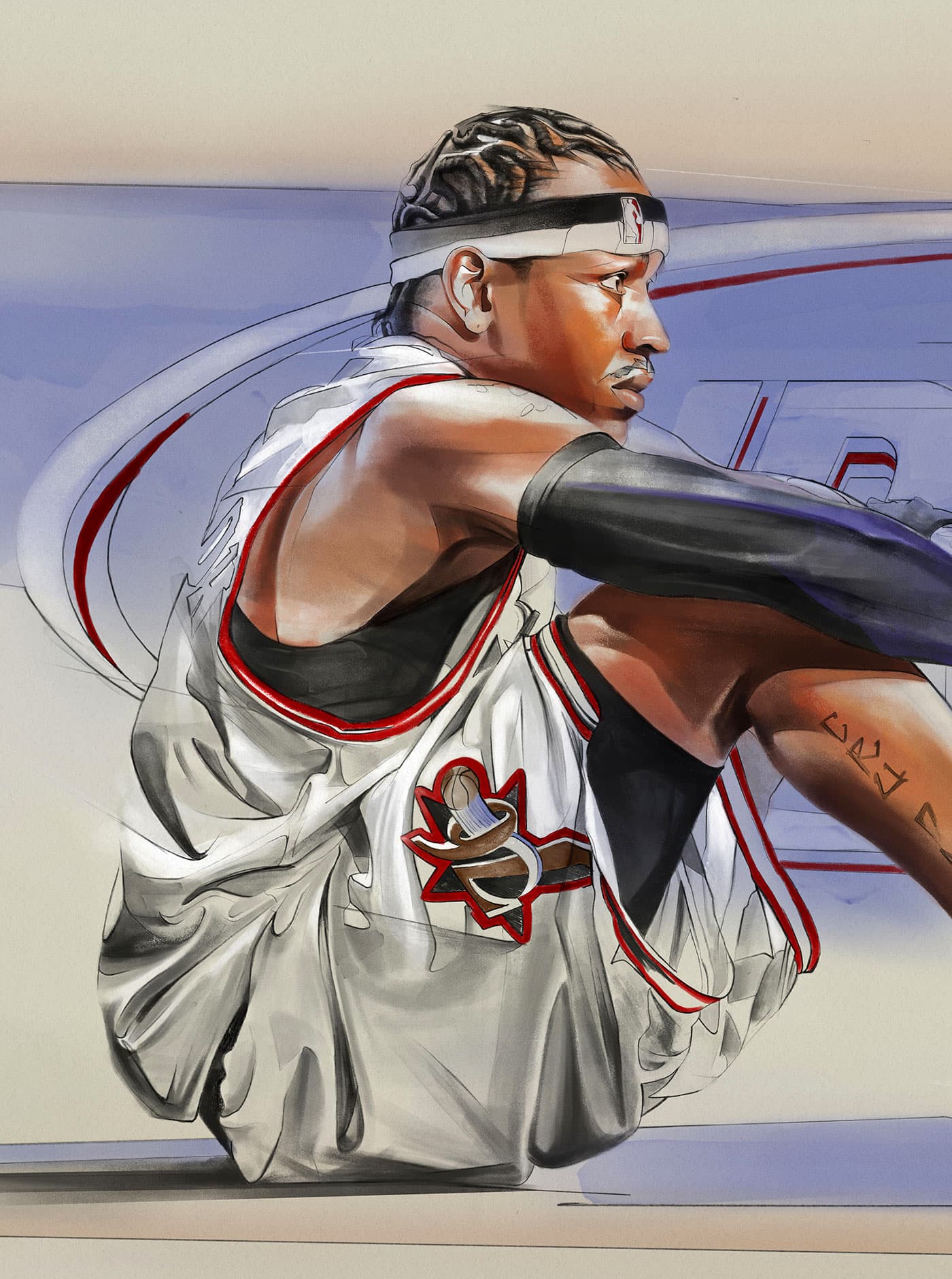 Allen Iverson seated illustration in a Philadelphia 76ers uniform with red and black uniform details.