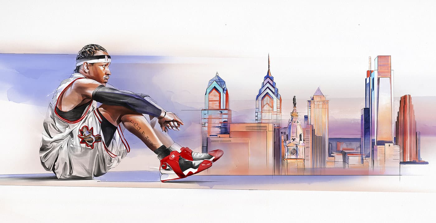Allen Iverson seated illustration beside a stylized Philadelphia skyline.