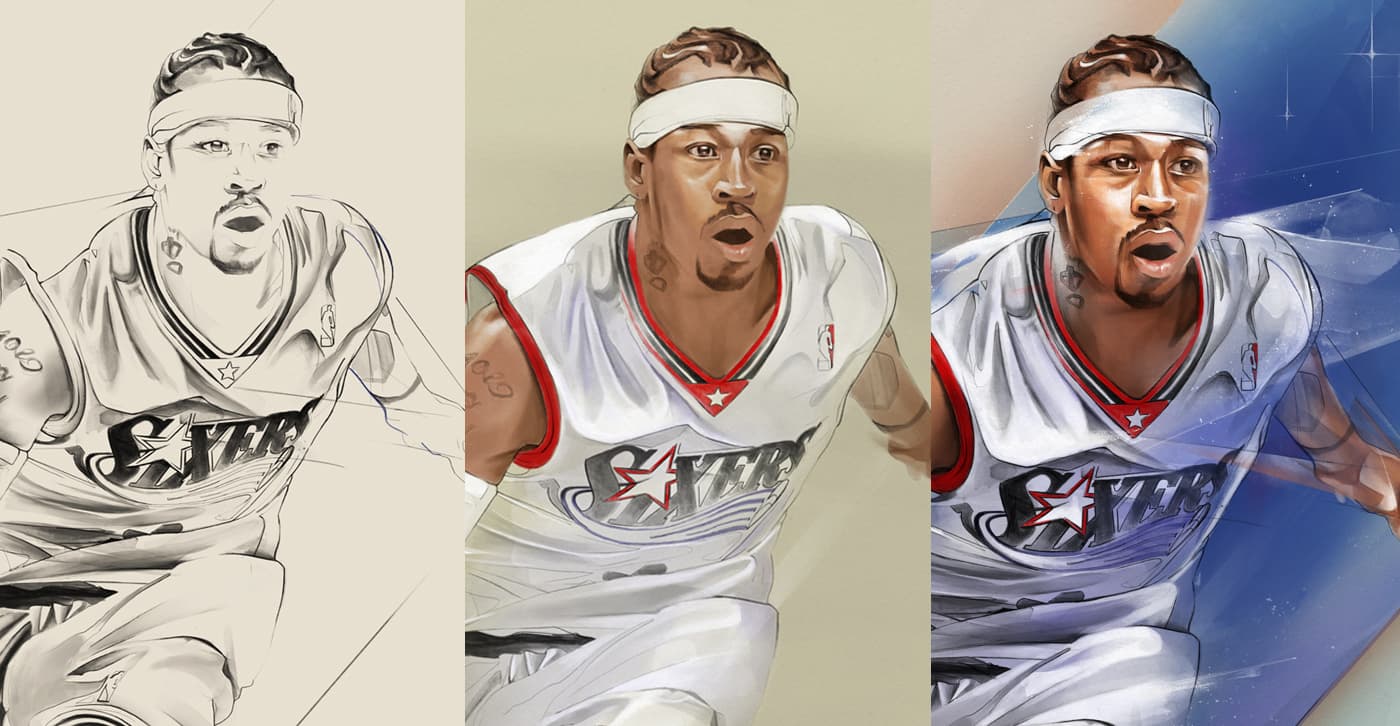 Process sequence showing an Allen Iverson illustration from pencil drawing to color and final background.