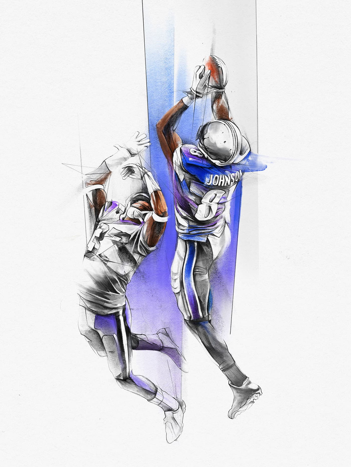 Two football players contesting a high catch