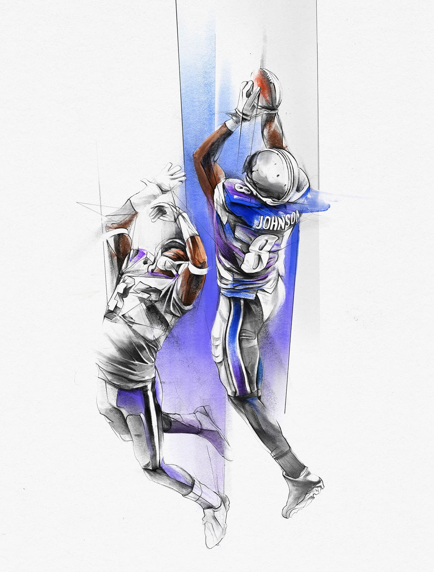 Two football players contesting a high catch