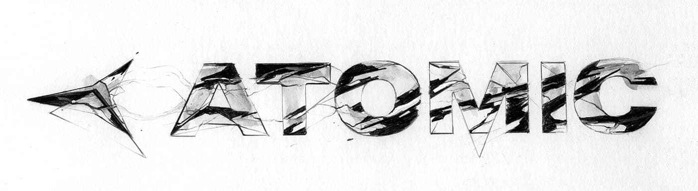 Early pencil draft of the Atomic logo and wordmark with marble-style veining for the Atomic Infamous ski graphic