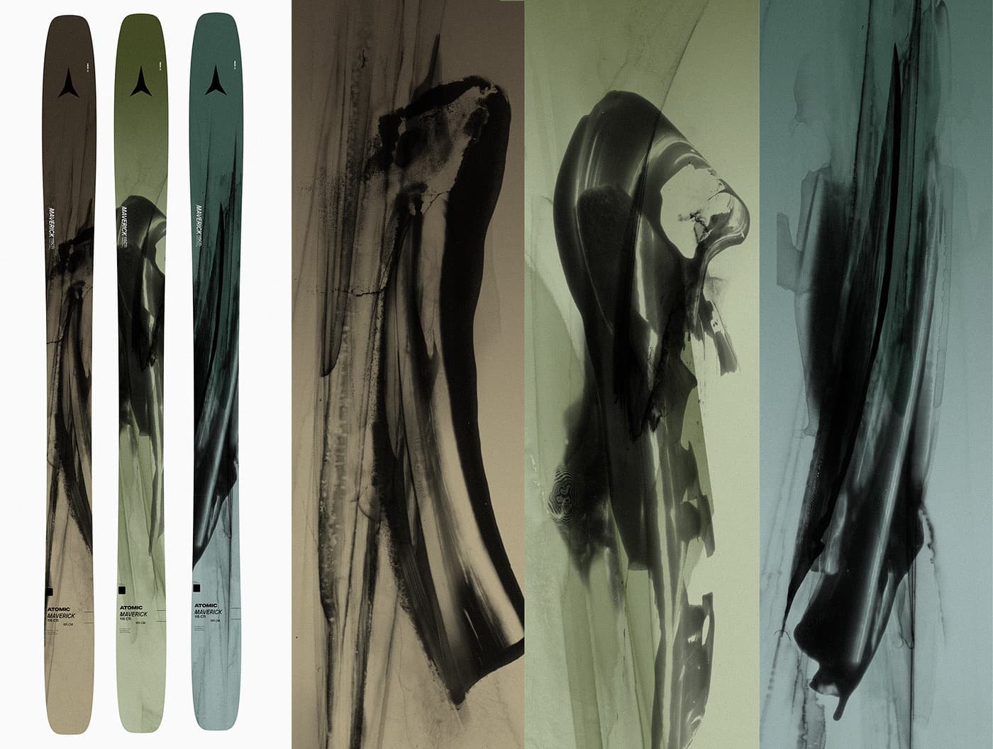 Three Atomic Maverick skis in brown, olive green and teal, alongside enlarged details of their flowing black abstract graphics.