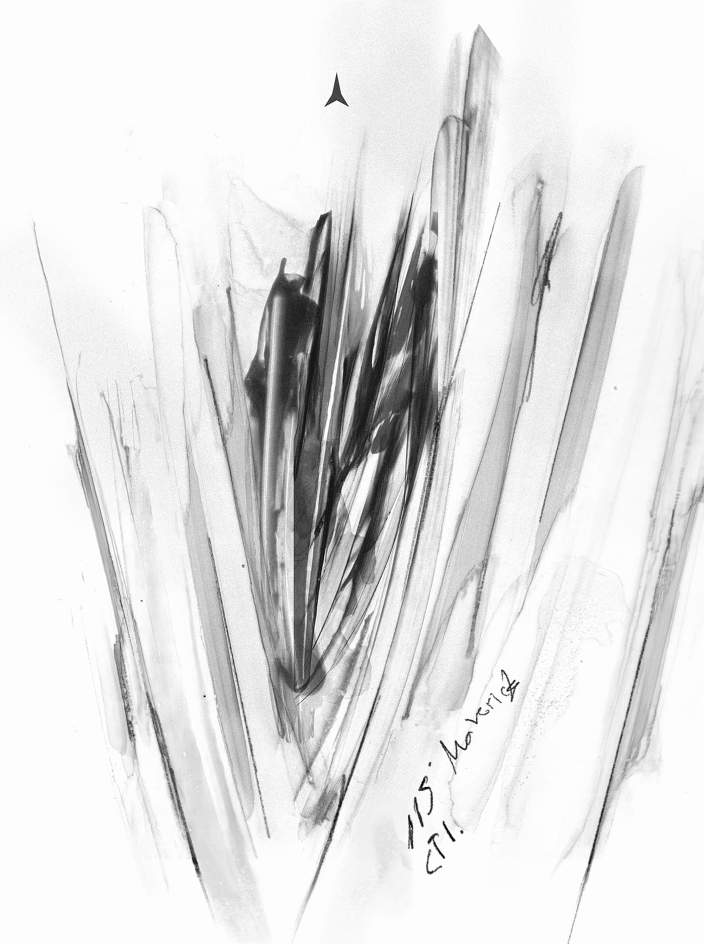Abstract artwork for Atomic Maverick skis, with sweeping black and grey brushstrokes on white, the Atomic logo and handwritten notes.