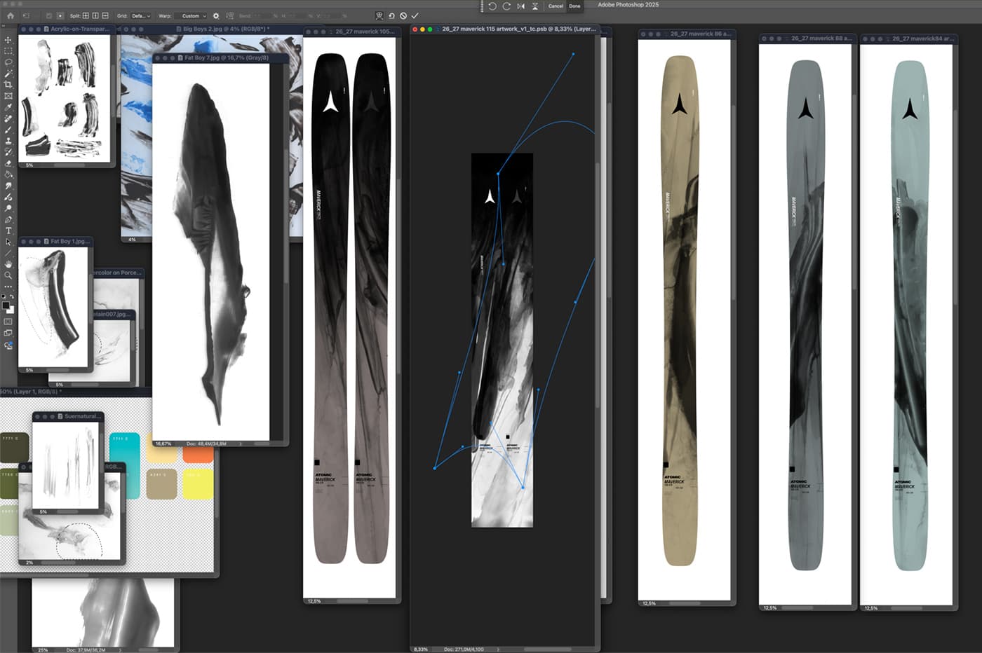 Photoshop workspace showing abstract paint studies, blue warp guides over an Atomic Maverick ski graphic, and several ski colour variations.
