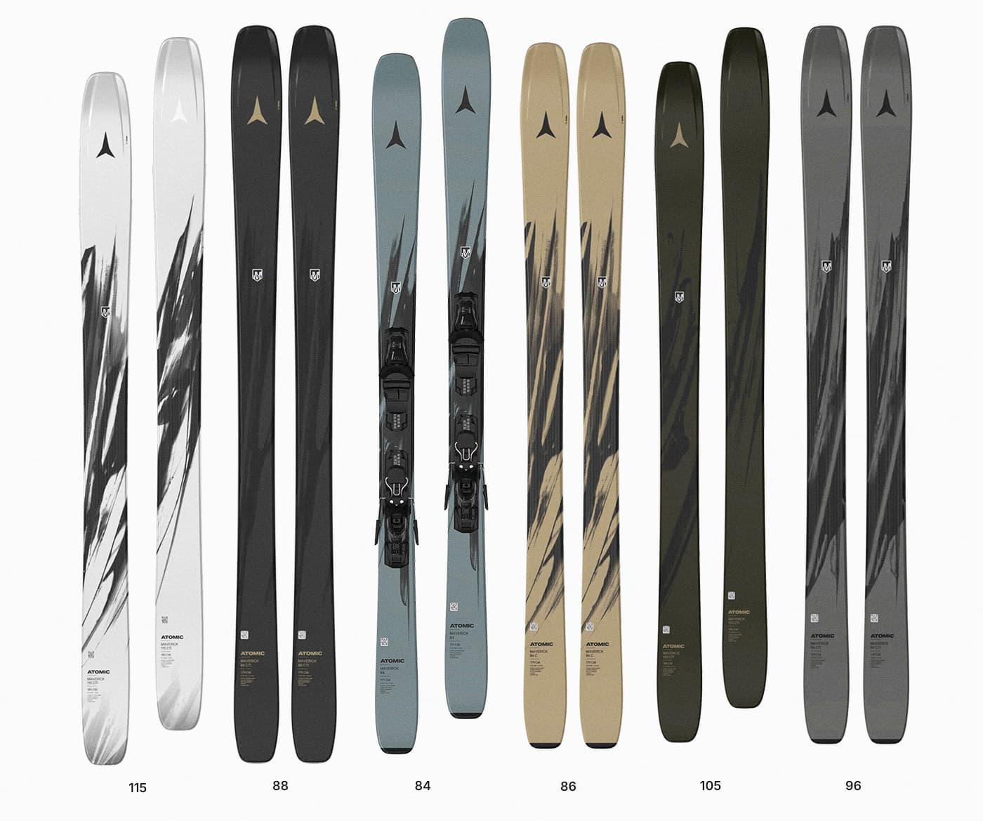 Final approved Atomic Maverick ski designs, showing models 115, 88, 84, 86, 105 and 96 side by side in six colourways with sweeping brushstroke graphics.