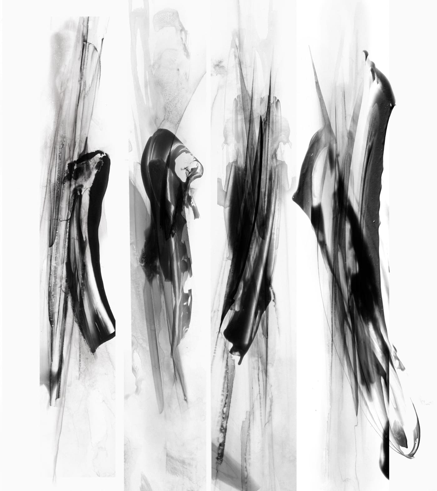 Four abstract artworks for Atomic Maverick skis, arranged side by side with flowing black brushstrokes and translucent grey textures on white.
