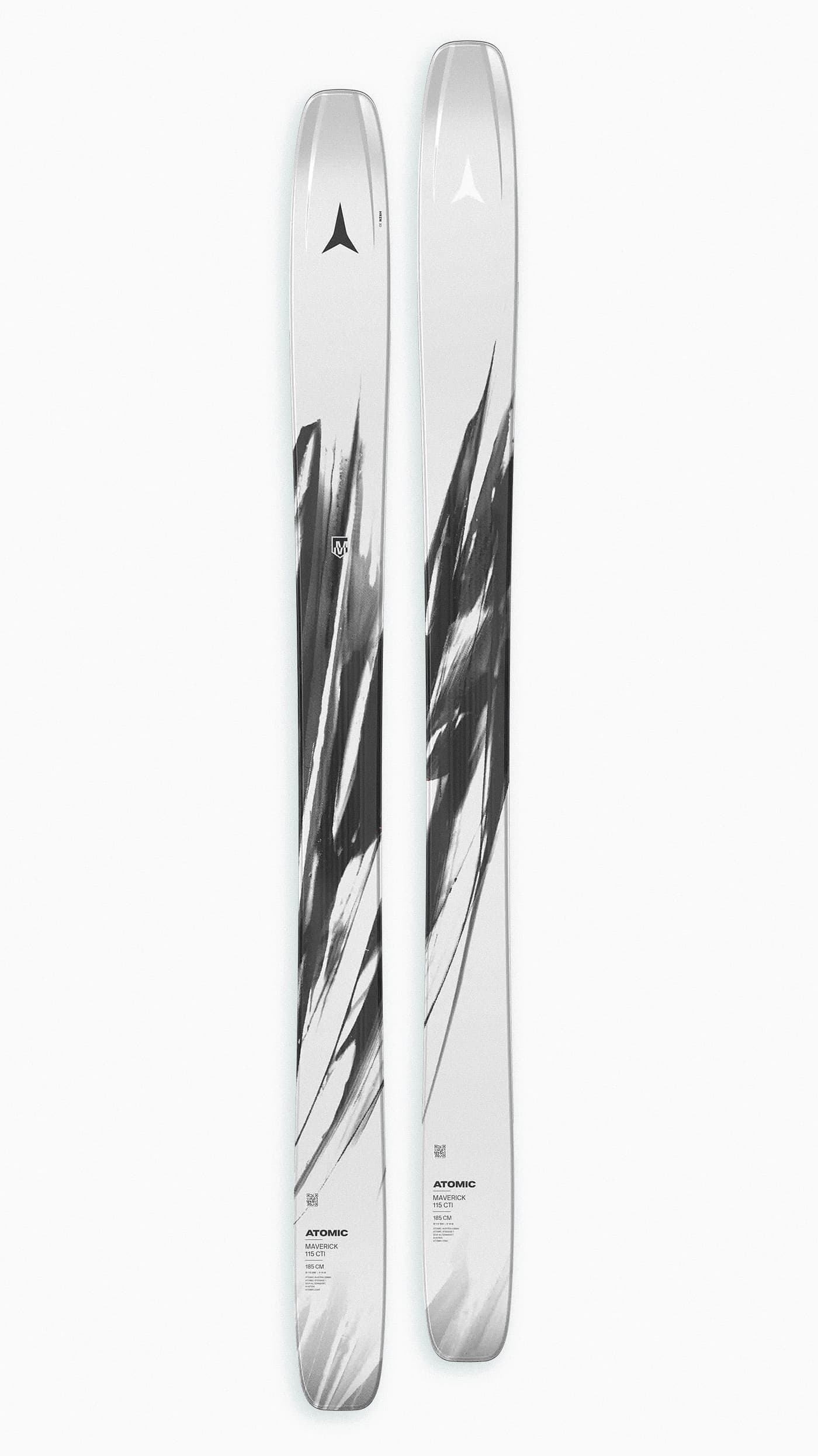 Atomic Maverick 115 CTI skis with grey base color and black brushstroke-style graphics