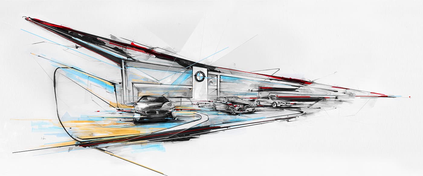 Panoramic BMW trade fair stand illustration
