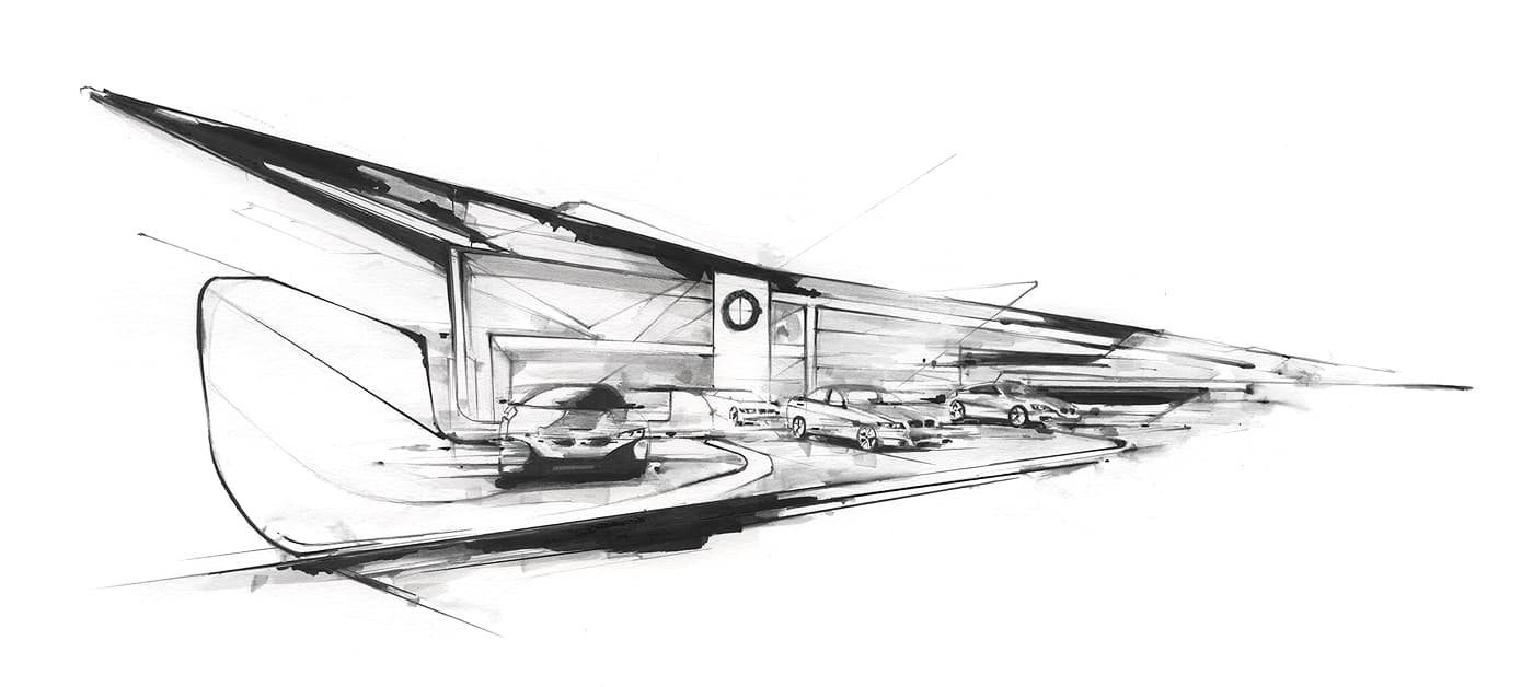 Black and white BMW Future Stand sketch