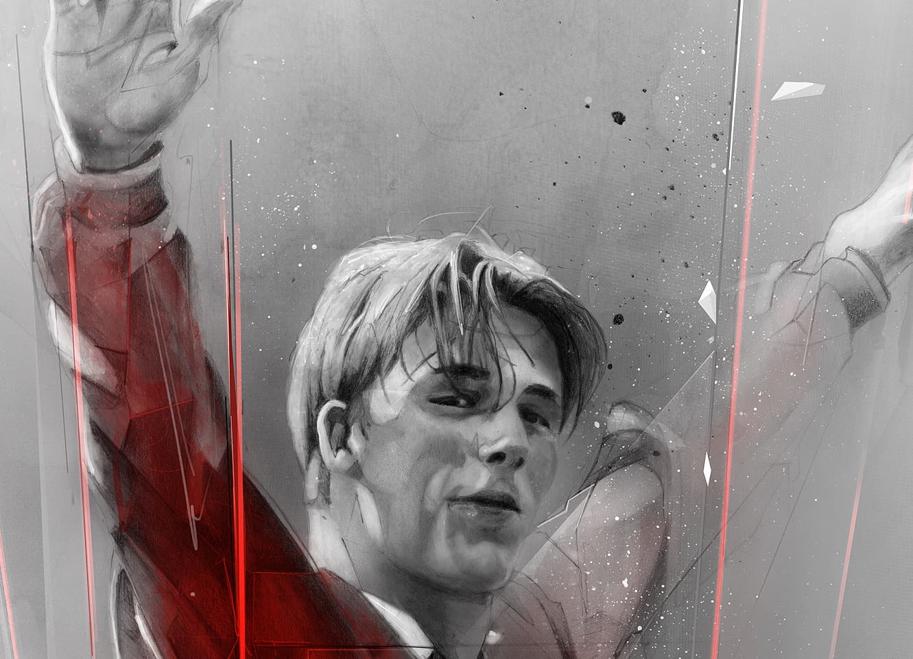Close crop of football portrait with raised arm and grey background