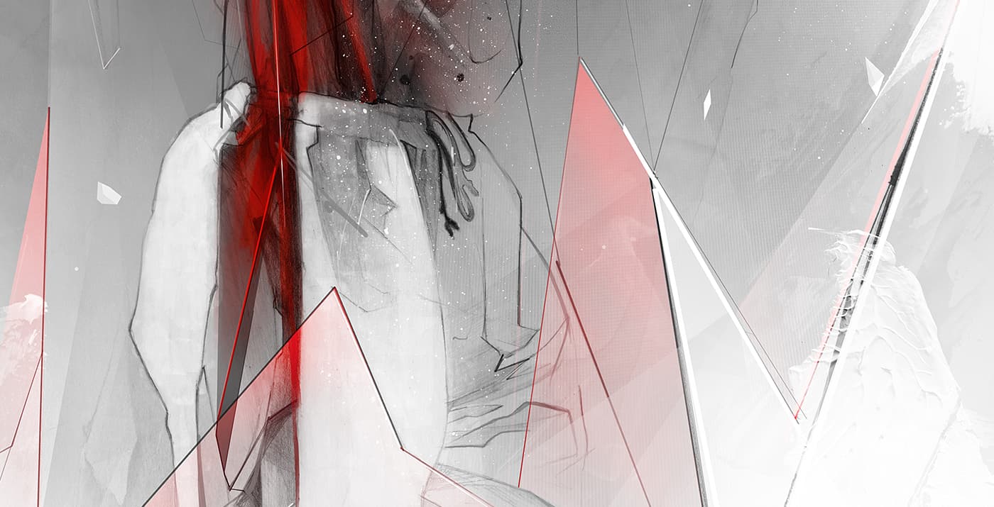 Cropped football portrait with red geometric forms and grey linework