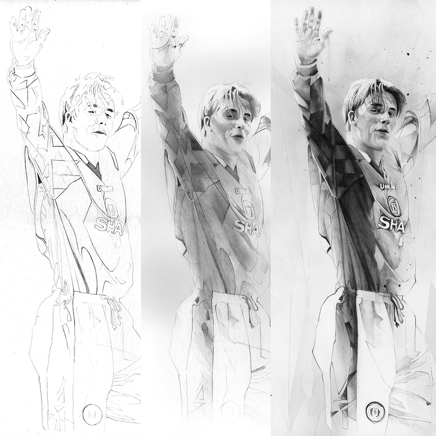 Three-stage pencil sketch process for football portrait
