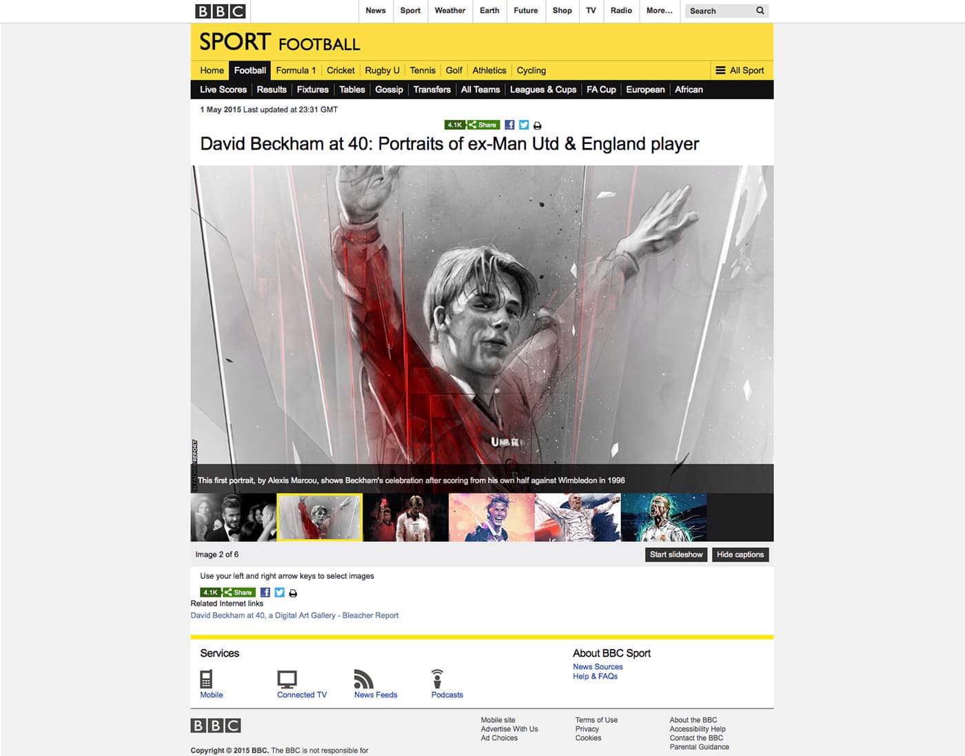BBC Sport page showing football portrait gallery and article layout