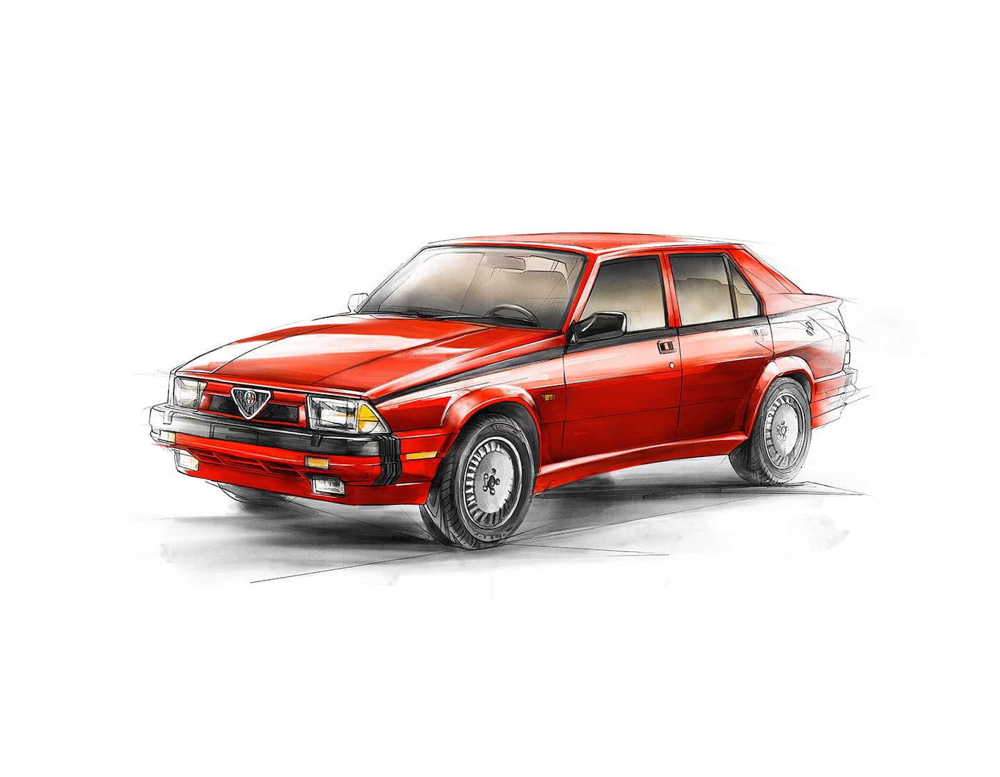 Red Alfa Romeo Milano sedan in front three-quarter view