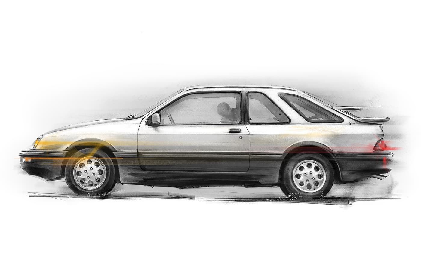 Side profile illustration of a Merkur XR4Ti in graphite with subtle yellow and red motion lines.