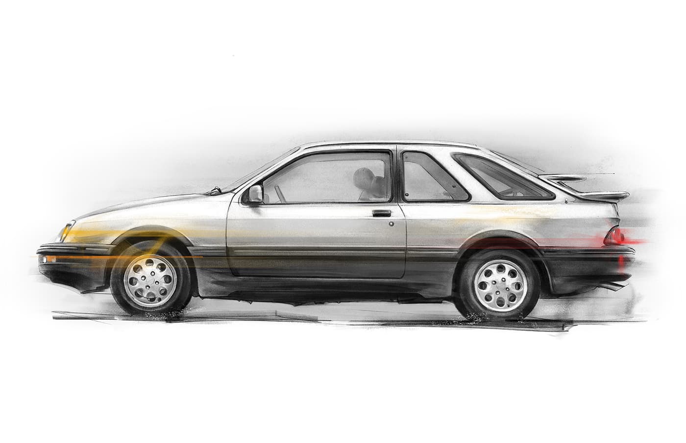 Side profile illustration of a Merkur XR4Ti in graphite with subtle yellow and red motion lines.