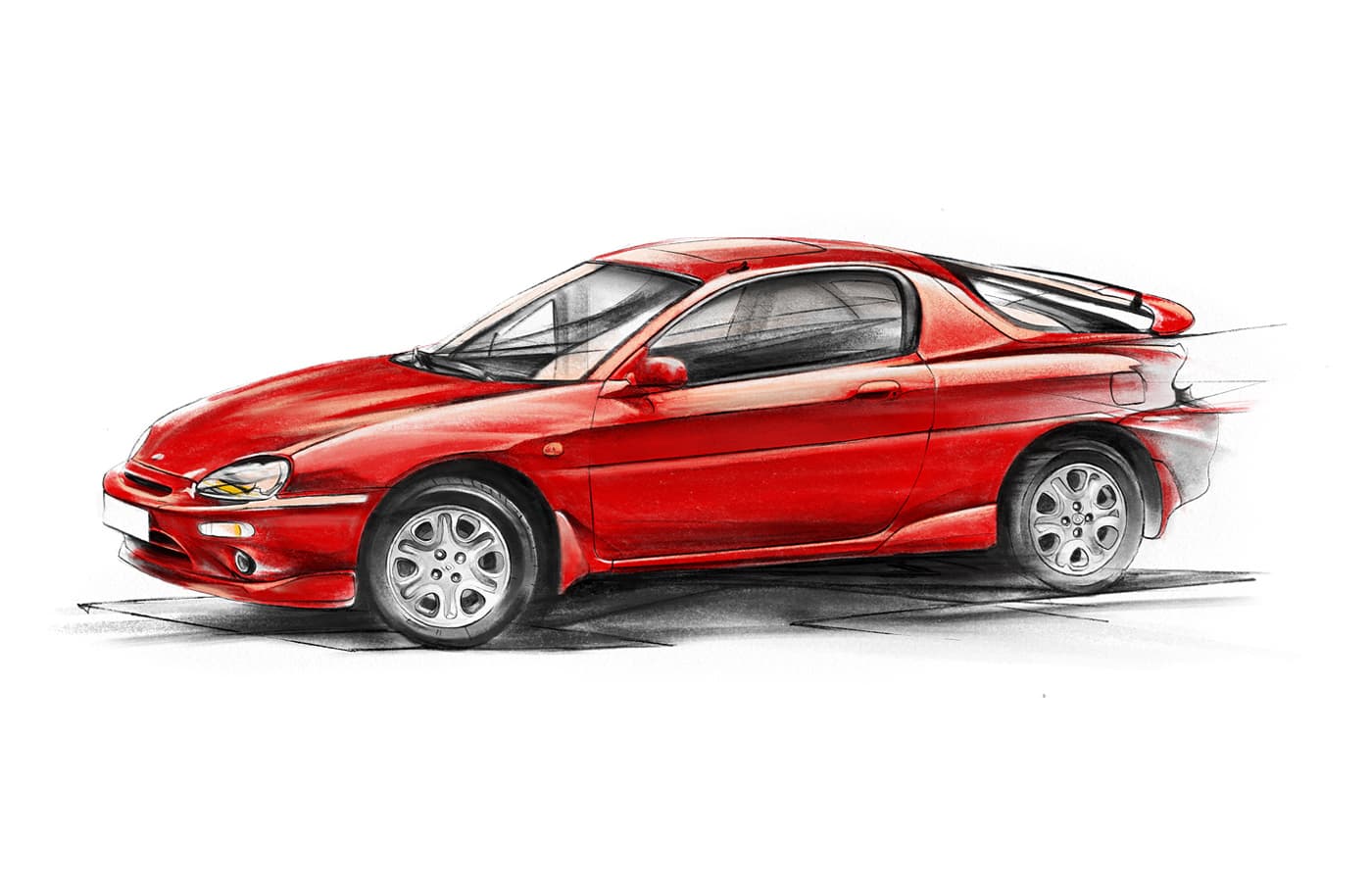 Red Mazda MX-3 coupe shown in side profile with pencil sketch lines.