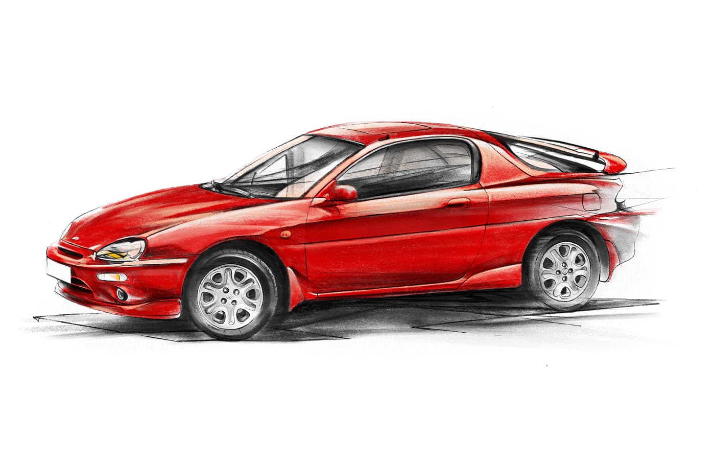 Red Mazda MX-3 coupe shown in side profile with pencil sketch lines.