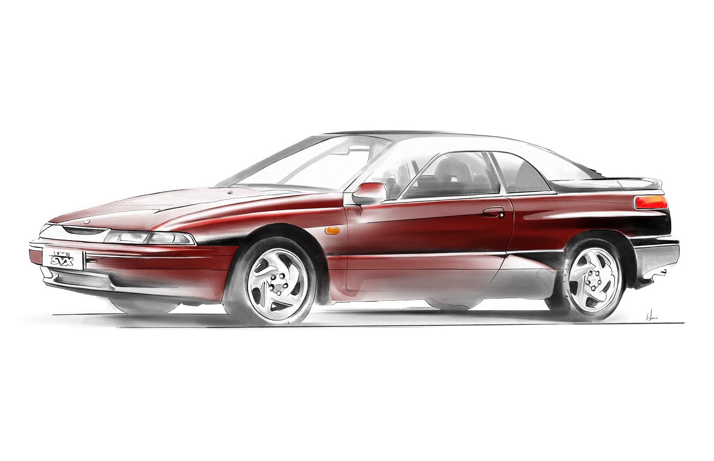 Illustration of a red and silver Subaru SVX coupe with distinctive inset side windows, viewed from the front and side against a white background.