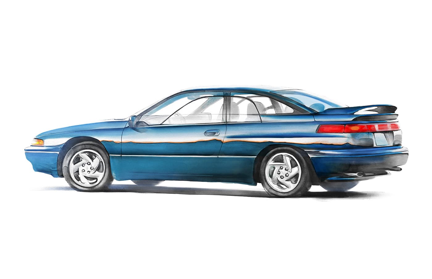 Side profile illustration of a blue 1992 to 1997 Subaru SVX with rear spoiler and subtle orange linework.