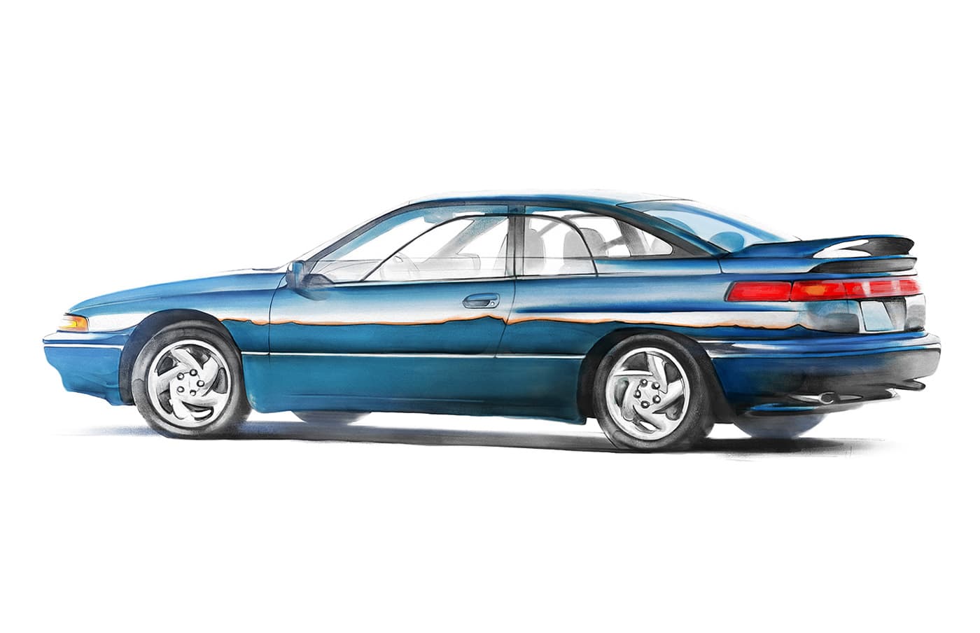 Side profile illustration of a blue 1992 to 1997 Subaru SVX with rear spoiler and subtle orange linework.