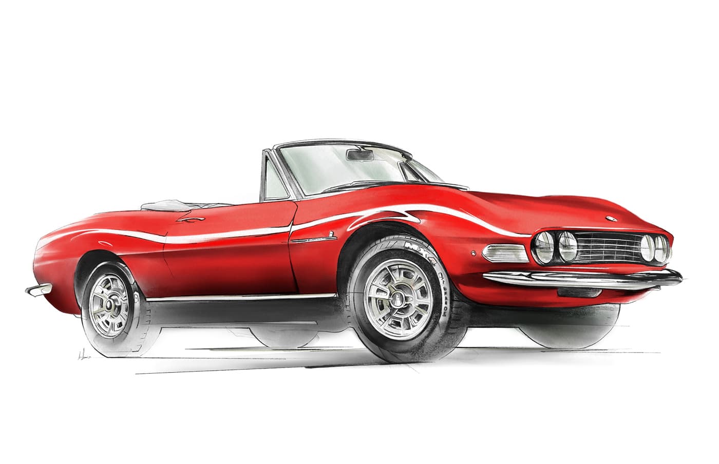 Three-quarter side illustration of a red Fiat Dino Spyder convertible.