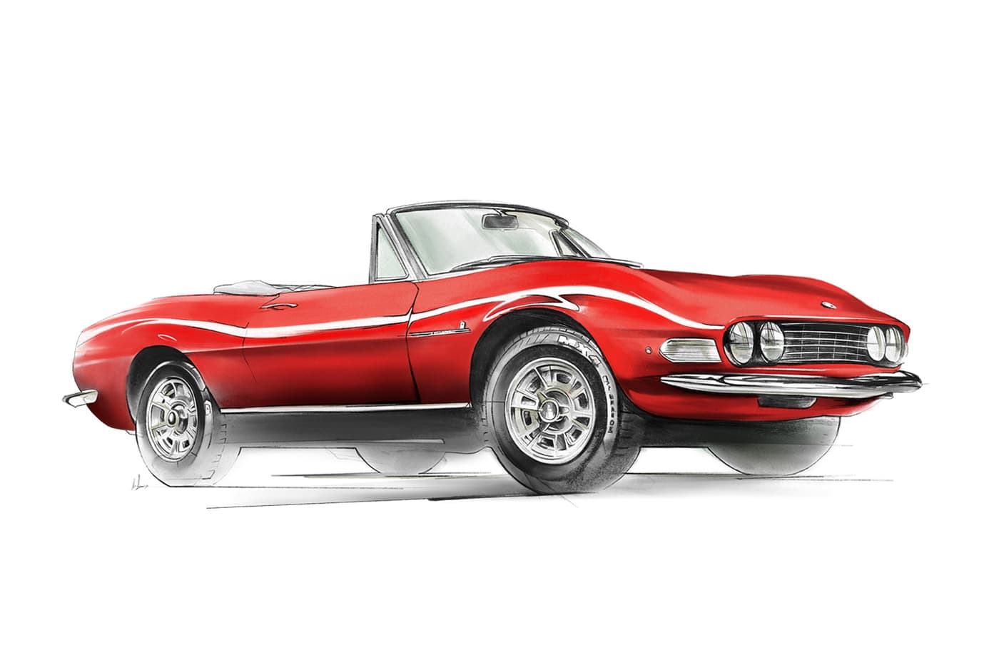 Three-quarter side illustration of a red Fiat Dino Spyder convertible.
