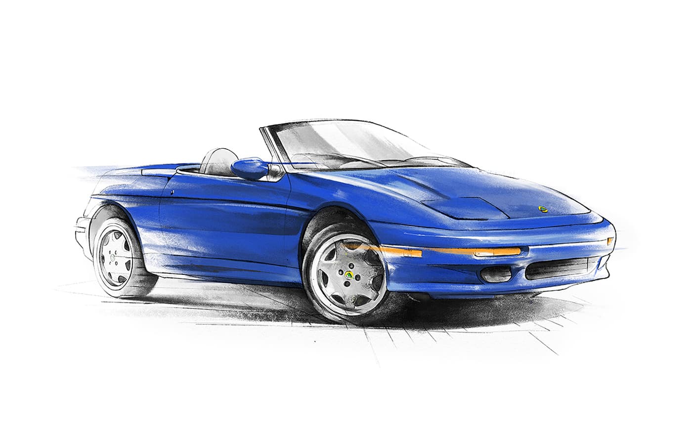 Blue Lotus Elan convertible shown in a low three quarter view.