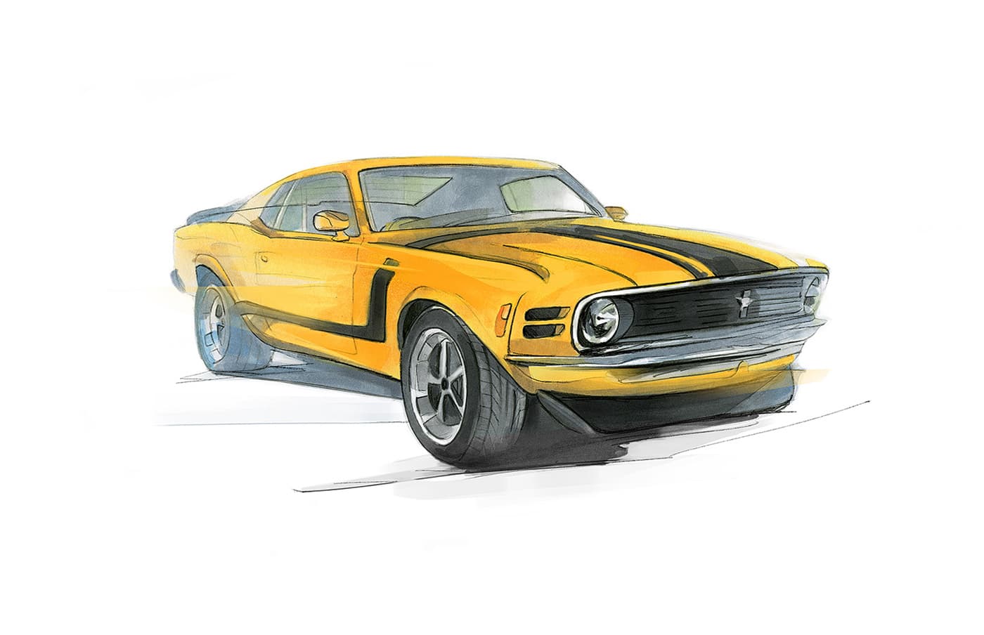 Yellow classic Ford Mustang illustration, front three-quarter view