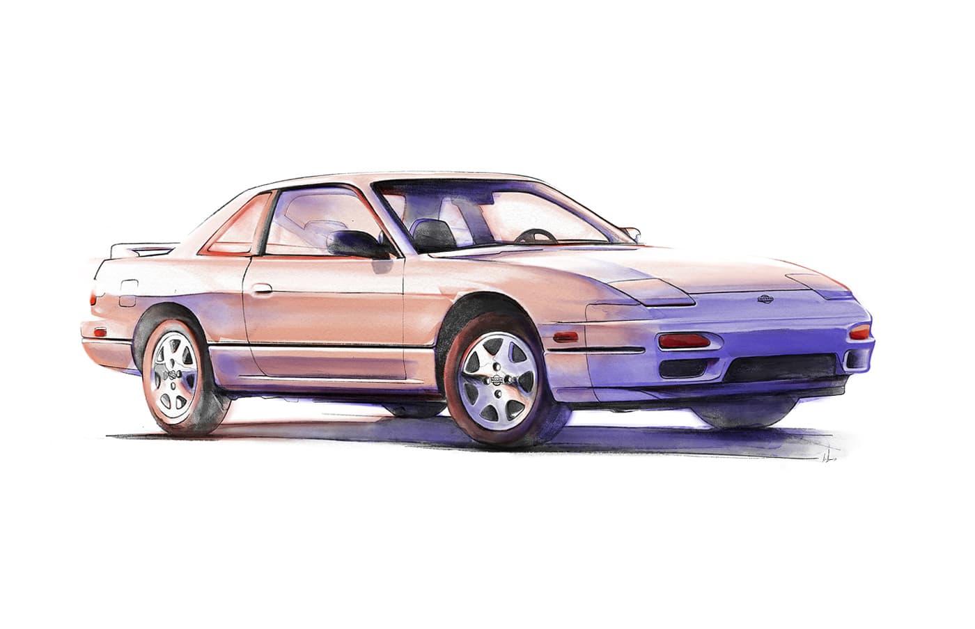 Nissan 240SX in soft red and blue side view