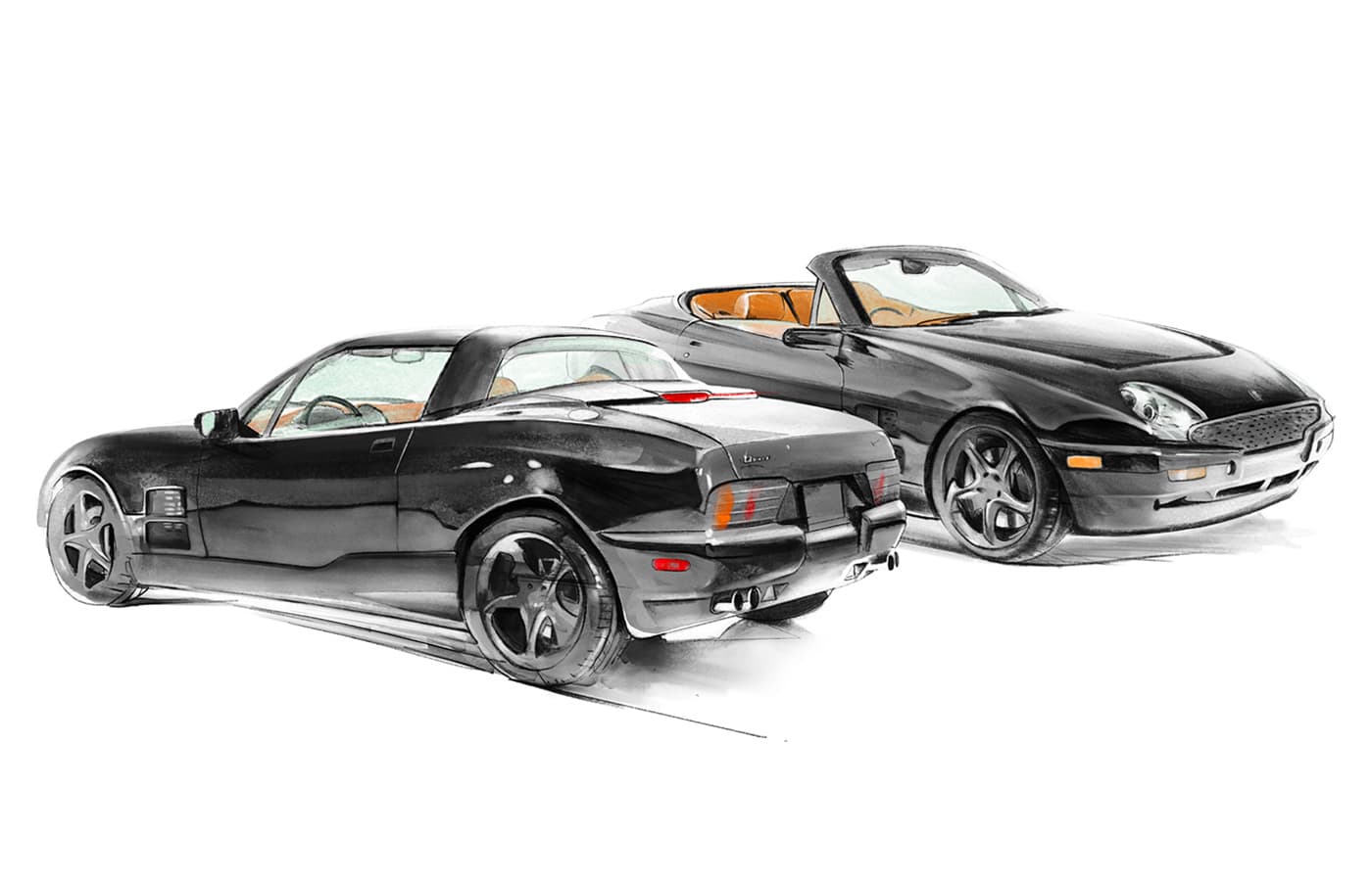 Two black Qvale Mangusta roadsters shown from opposing angles with tan interiors and subtle red linework.