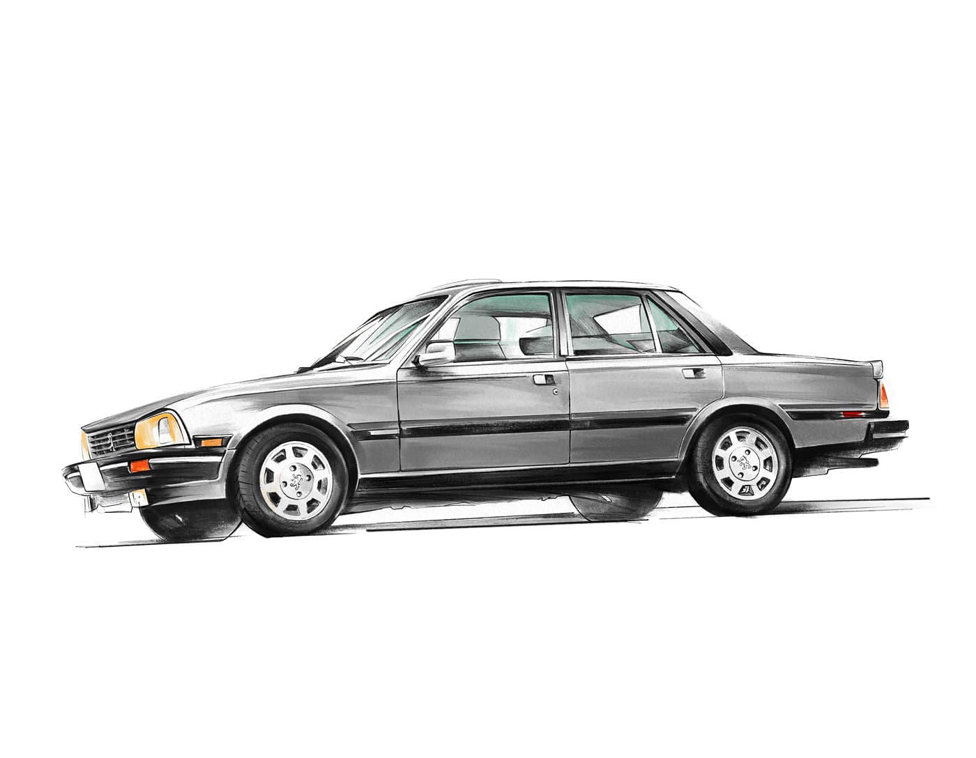 Side profile illustration of a silver Peugeot 505 Turbo sedan with subtle orange accents.
