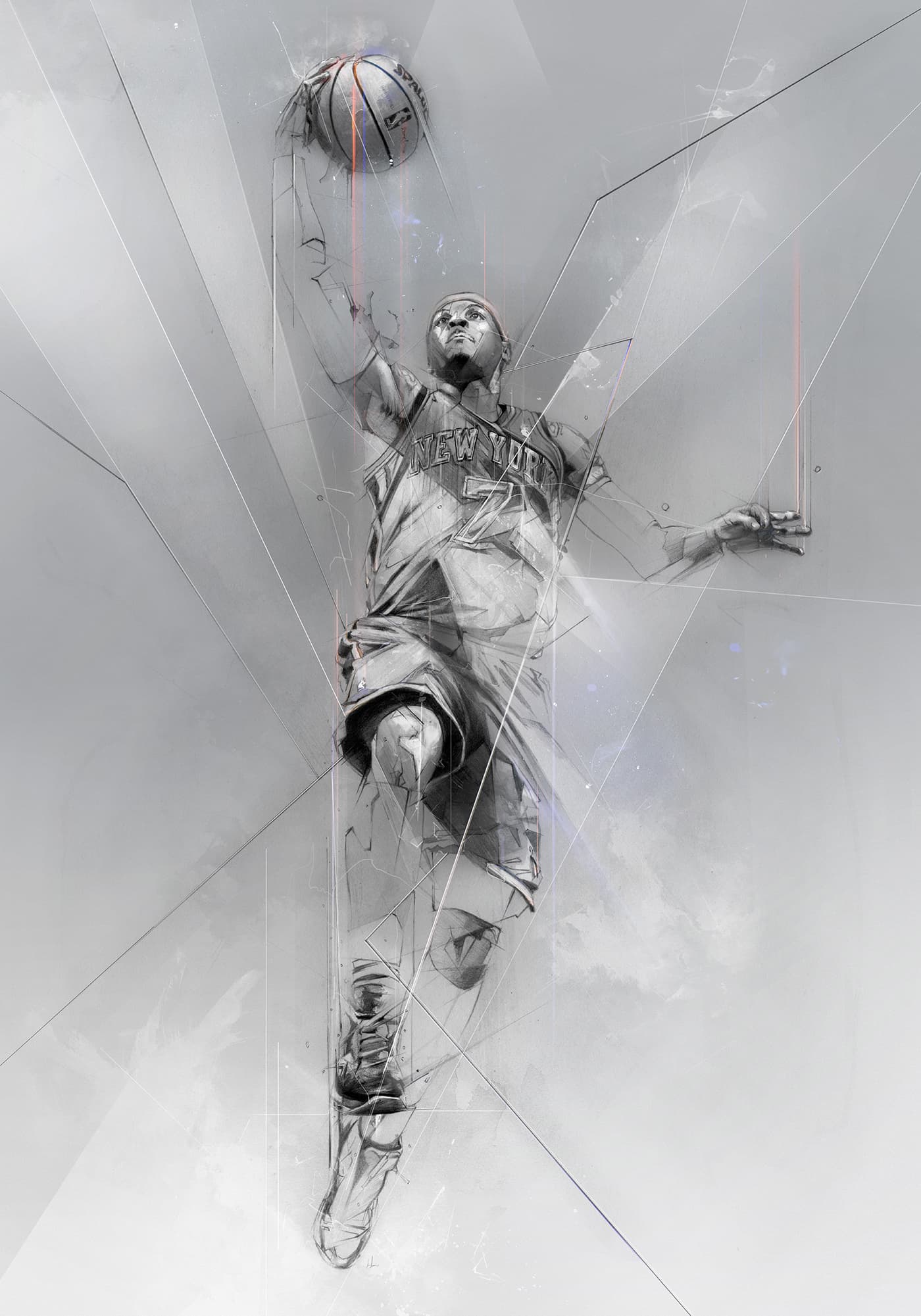 Carmelo Anthony in a New York Knicks uniform, leaping toward the basket with the ball raised overhead, in a monochromatic illustration with abstract textures and geometric lines.