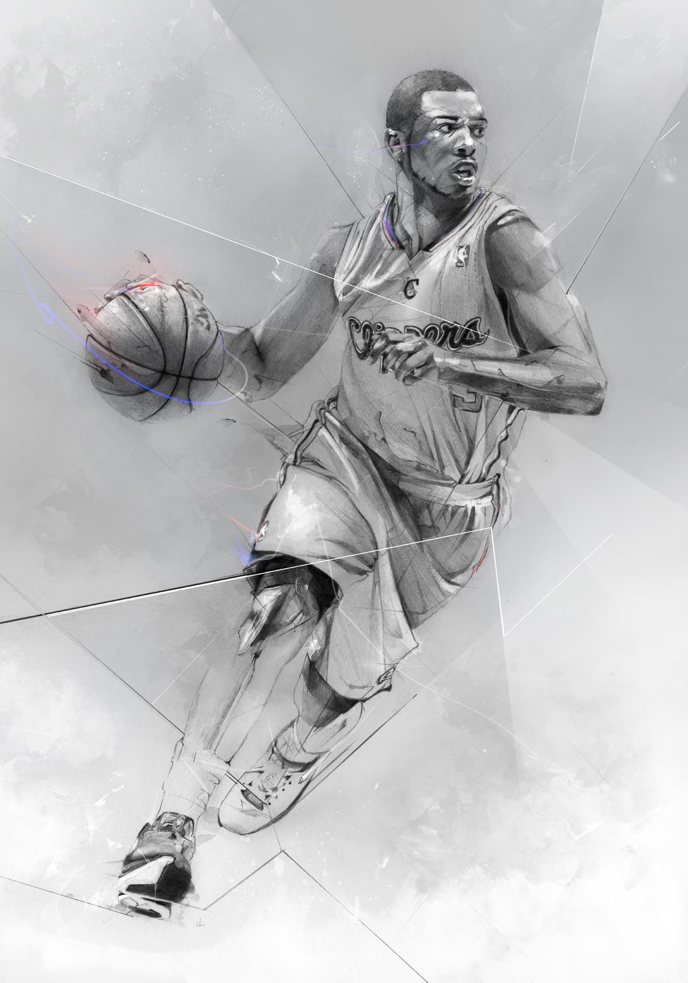 Chris Paul in a Los Angeles Clippers uniform, dribbling a basketball while moving forward, in a monochromatic illustration with abstract textures and fine geometric lines.