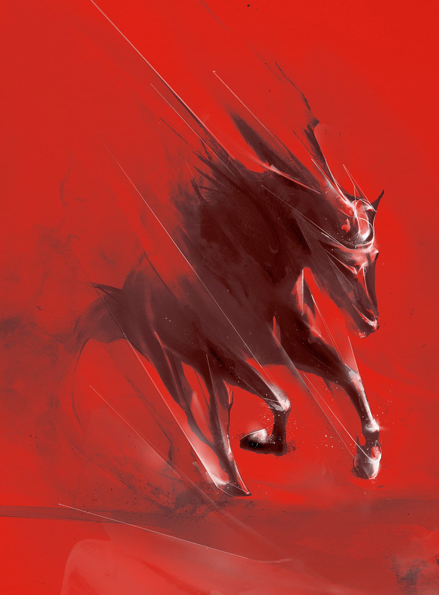 Black horse crossing a red field