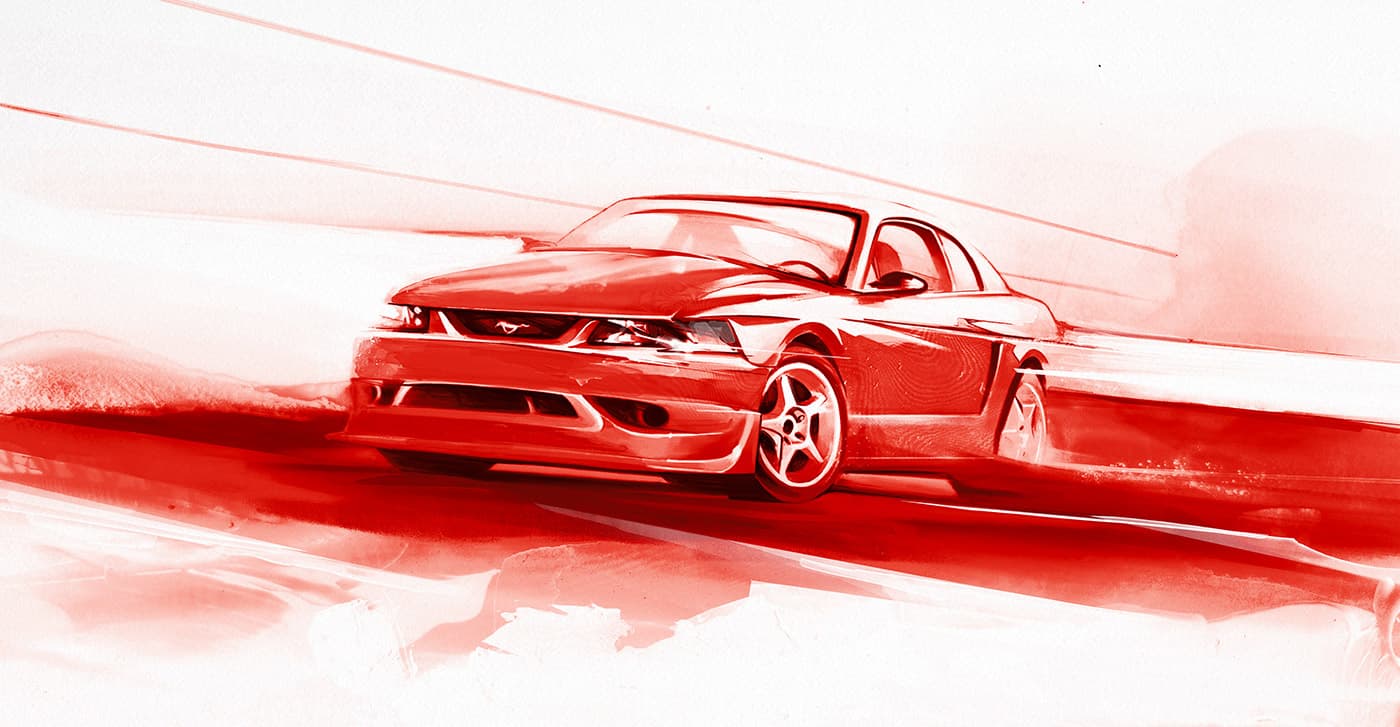 Red Mustang moving across a minimal landscape