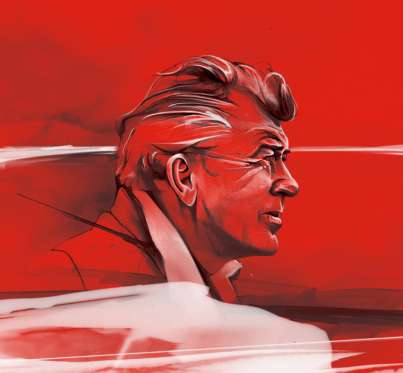 Carroll Shelby portrait in red, black and white
