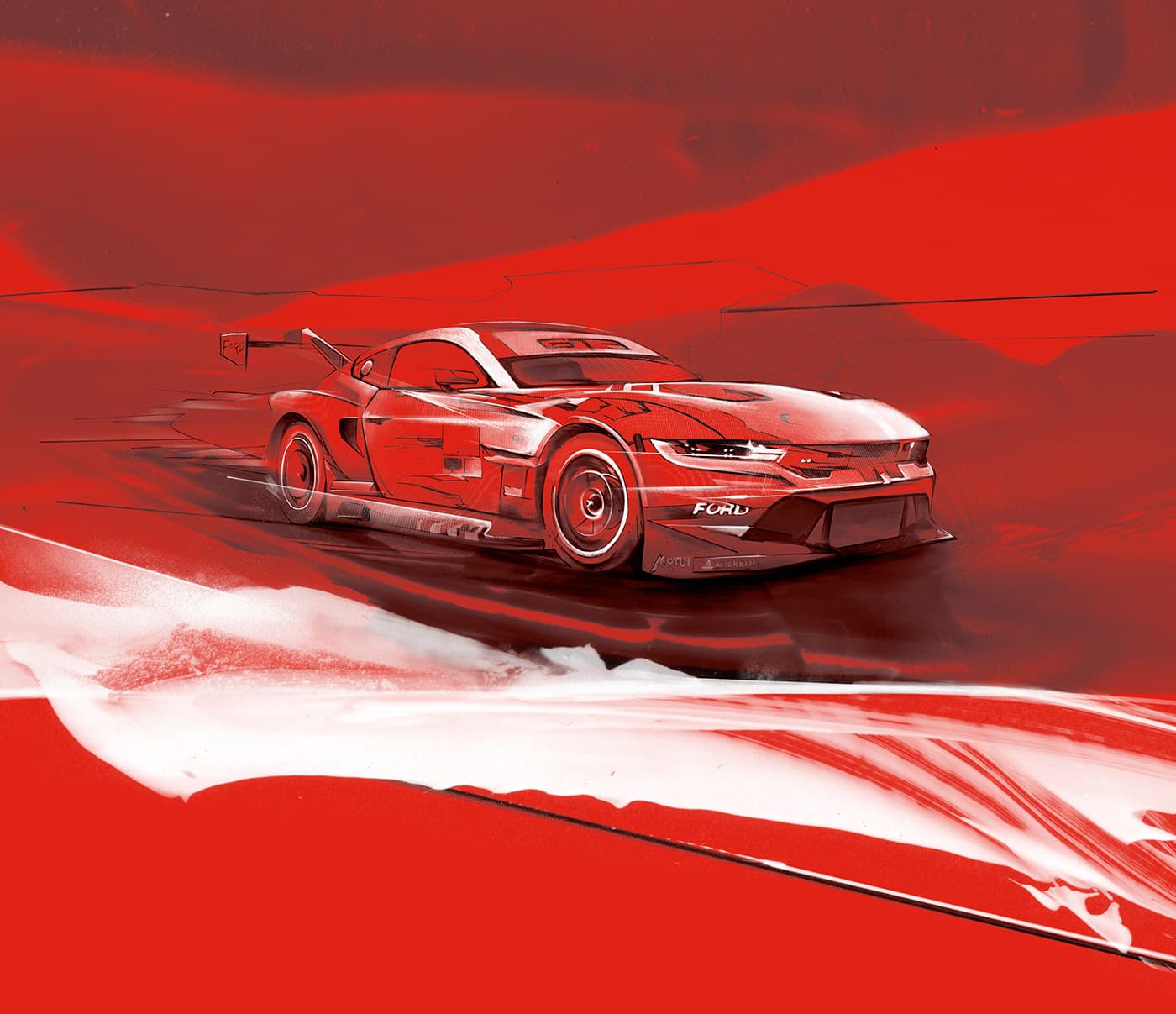 Ford Mustang in red, black and white